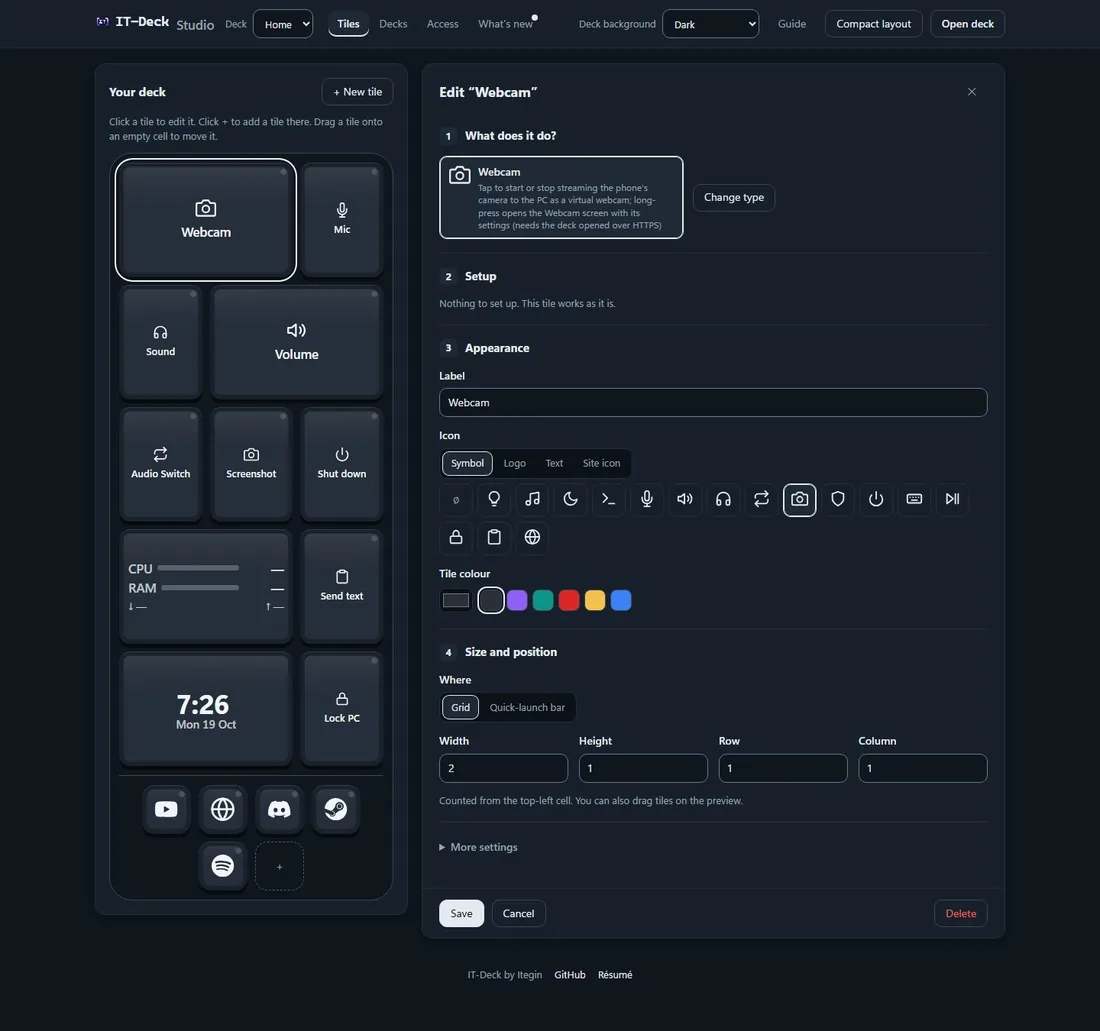 IT-Deck Studio в стиле Graphite: живое превью деки Home в теме Keycap и редактор плитки Webcam — значок, цвет, размер и положение; в верхней панели Decks, Access и What's new