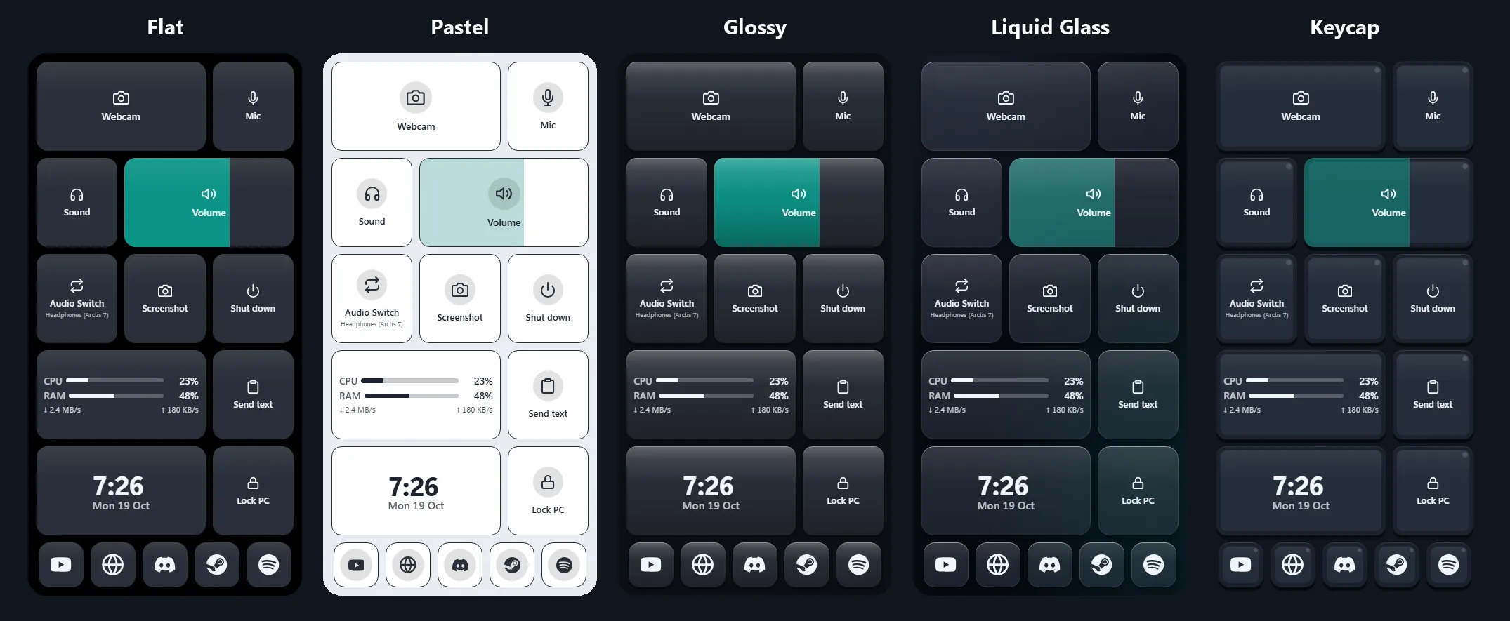 IT-Deck — одна и та же дека Home в пяти темах плиток: Flat, Pastel, Glossy, Liquid Glass и Keycap
